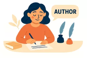 Illustration d’une jeune femme auteure, concentrée à son bureau avec un stylo et une feuille, entourée de livres et d’encriers.