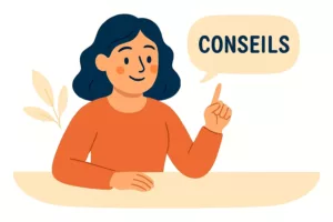 Illustration d’une jeune femme qui donne des conseils, levant le doigt avec une bulle de texte contenant le mot « CONSEILS ».