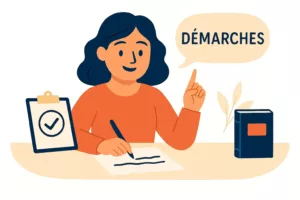 Illustration d’une jeune femme remplissant des documents pour créer son entreprise, avec une bulle de texte contenant le mot « DÉMARCHES ».