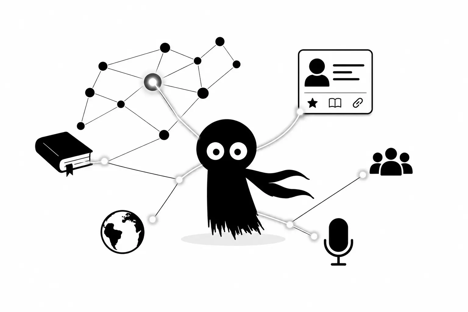 Kiro explore le Knowledge Graph de Google à travers un réseau d’entités connectées autour d’un livre, d’un profil auteur et de symboles numériques sur fond blanc.