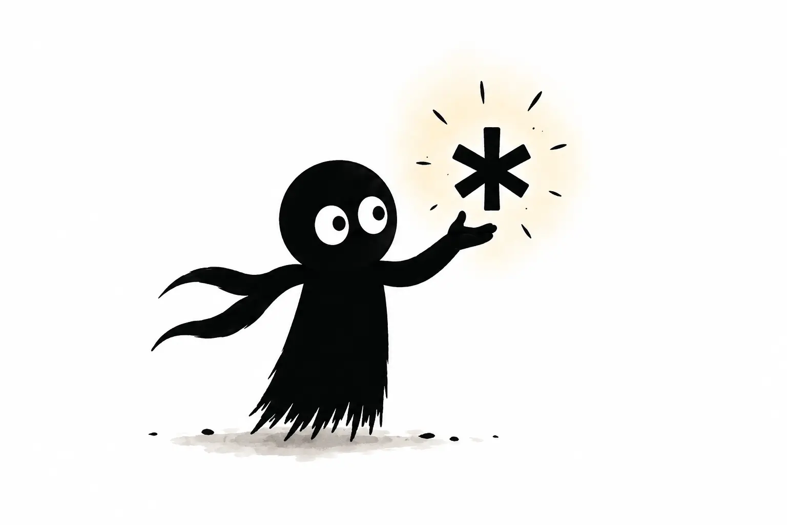 Kiro observe un astérisque flottant comme une petite étoile symbolique, représentant la précision typographique et les annotations dans un univers minimaliste noir et blanc.