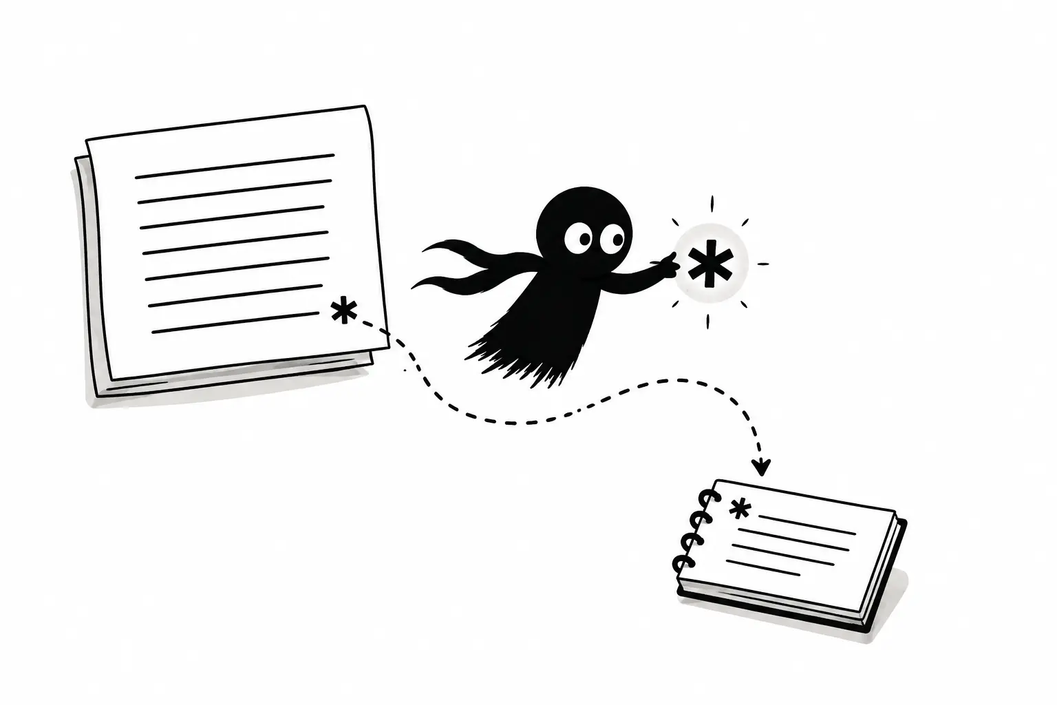 Kiro relie un astérisque entre une page principale et une note de bas de page, illustrant le rôle du symbole comme signal de référence typographique.