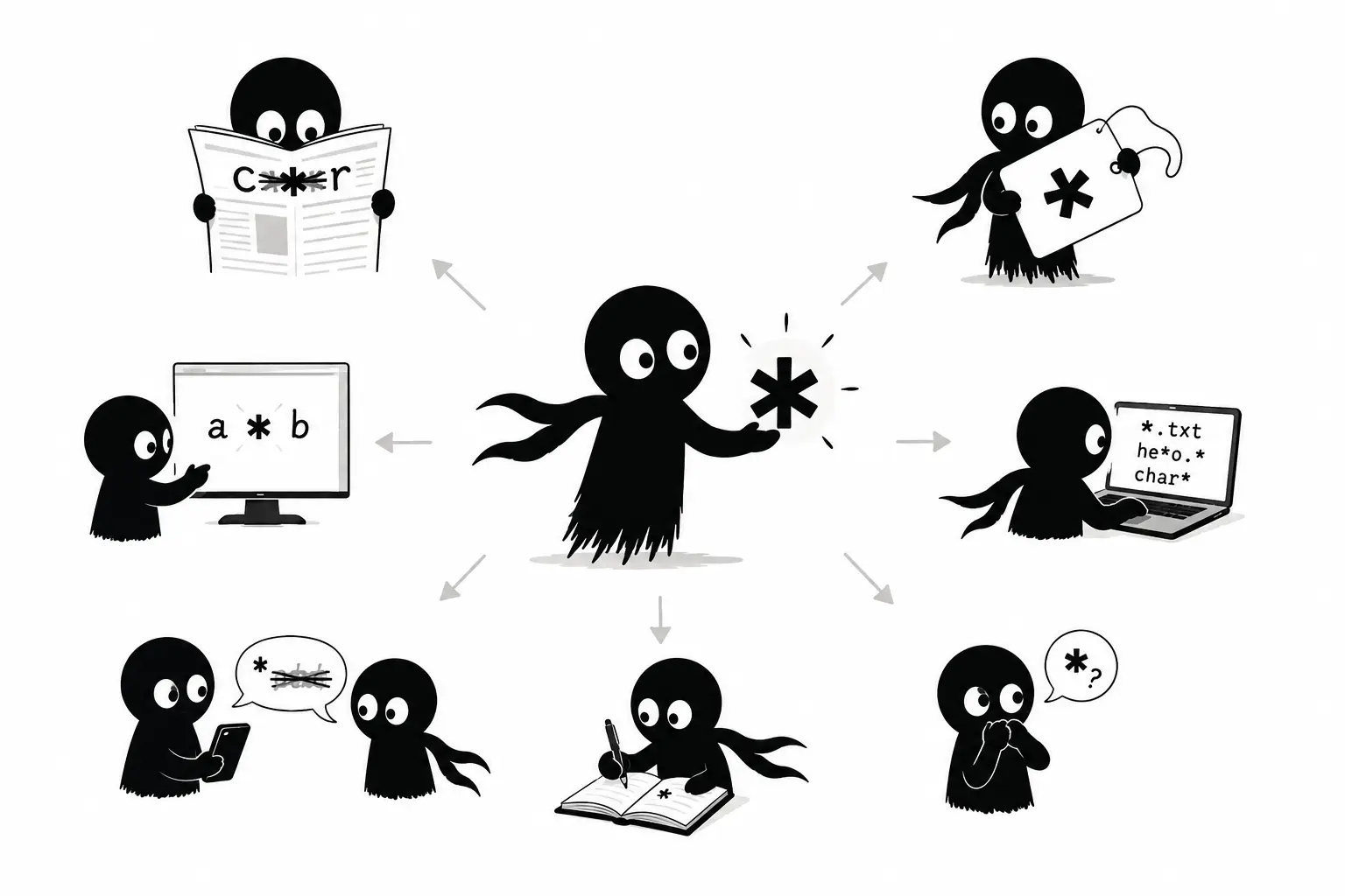 Kiro explore les multiples usages de l’astérisque dans la presse, la publicité, l’informatique et les messages numériques à travers une illustration minimaliste.