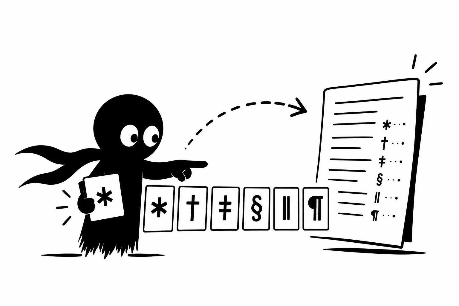 Kiro présente une série de symboles typographiques utilisés pour organiser les notes de bas de page dans un document.