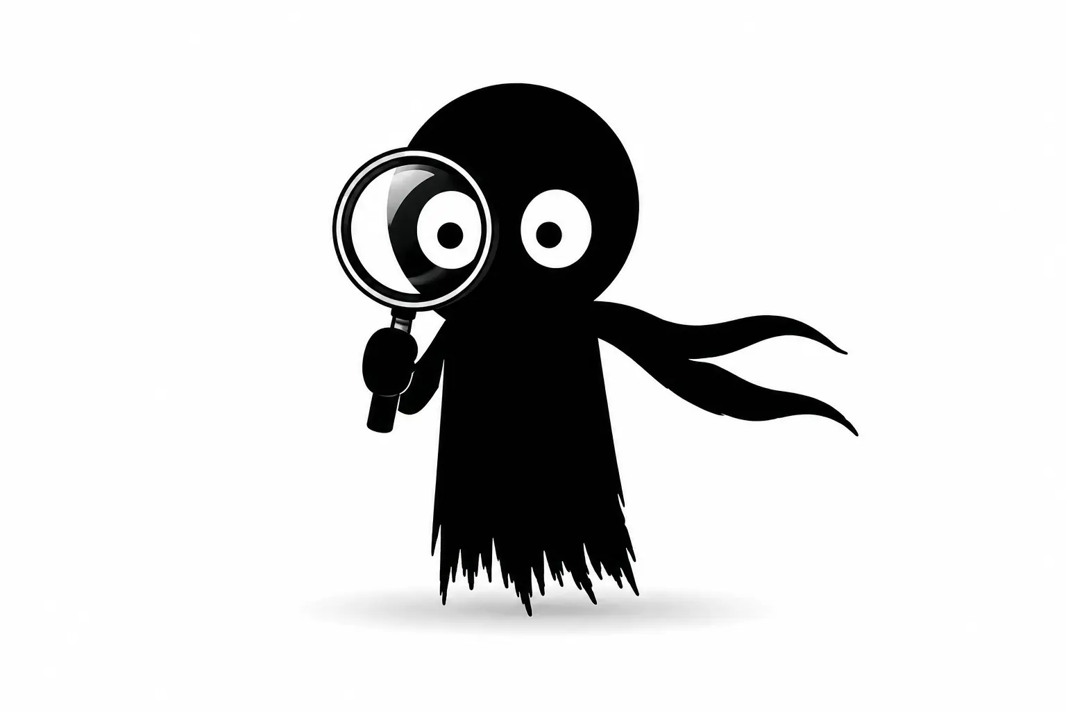 Kiro observe attentivement avec une loupe dans un style minimaliste noir et blanc sur fond blanc.