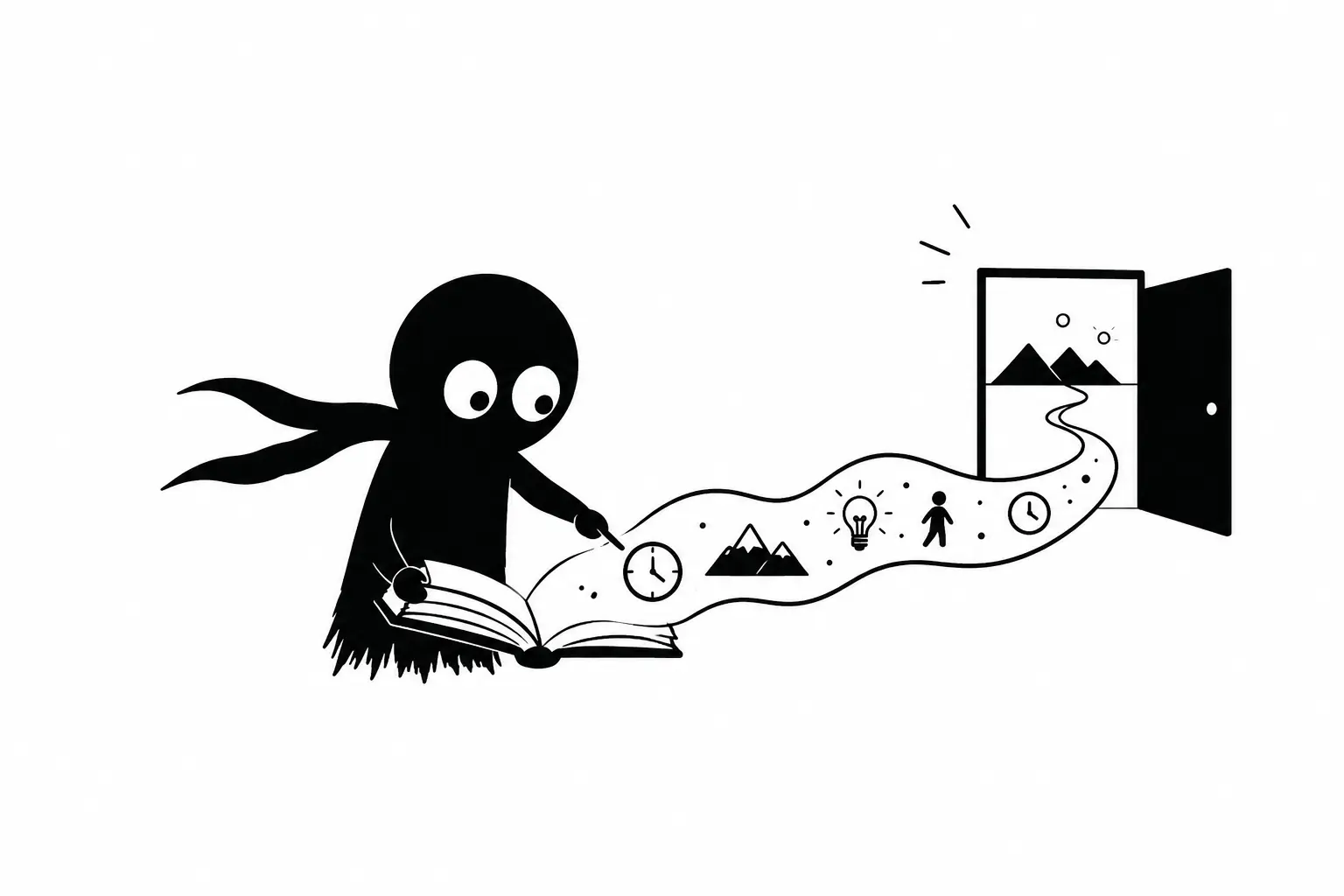 Kiro explore un livre ouvert d’où s’échappe un chemin symbolique représentant la structure d’un chapitre et le voyage narratif d’une histoire.