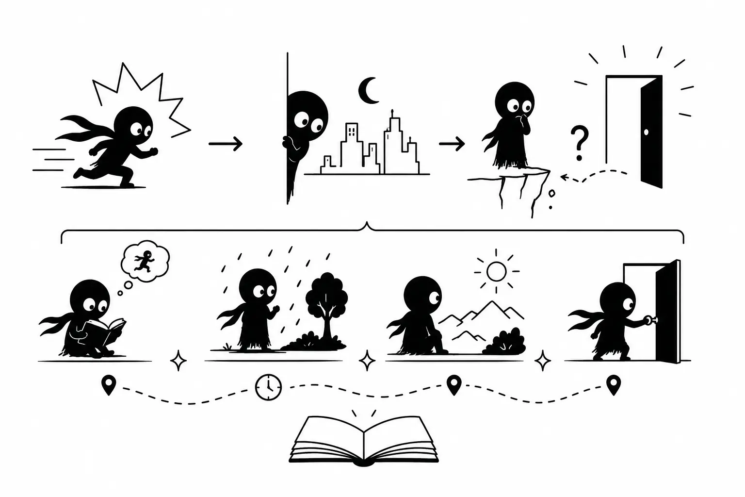 Kiro traverse différentes scènes narratives pour représenter les transitions, les accroches et les changements de temps ou de lieu dans un roman.
