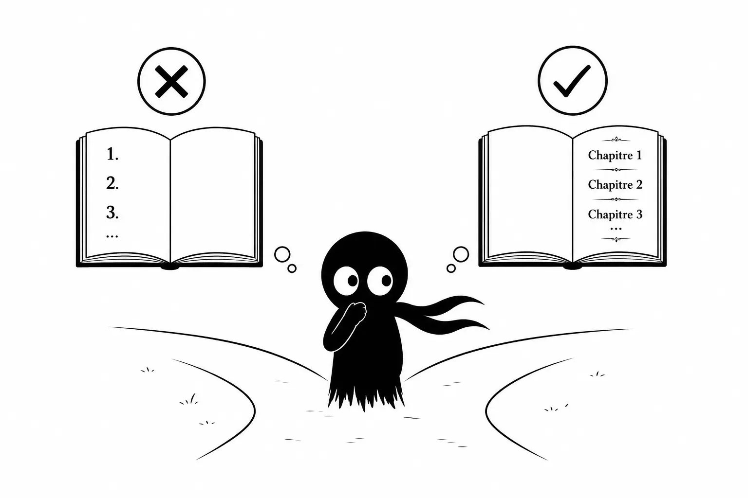 Kiro hésite entre des chapitres numérotés sans titre et des chapitres nommés dans un livre ouvert minimaliste en noir et blanc
