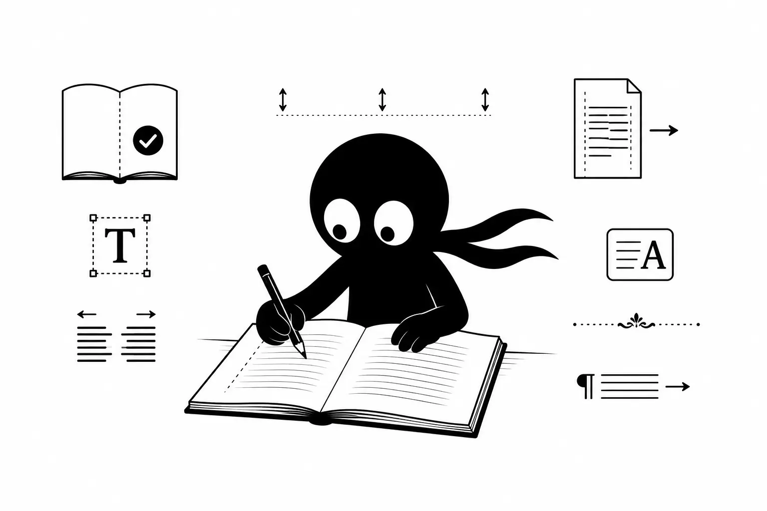 Kiro organise la mise en page professionnelle d’un manuscrit avec des repères typographiques et un livre ouvert minimaliste
