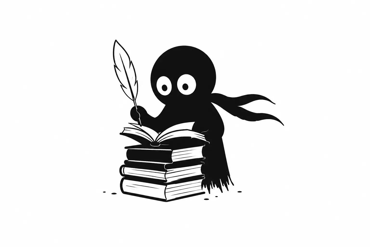 Kiro écrit au sommet d’une pile de livres avec une plume, illustration minimaliste noire et blanche sur fond blanc.
