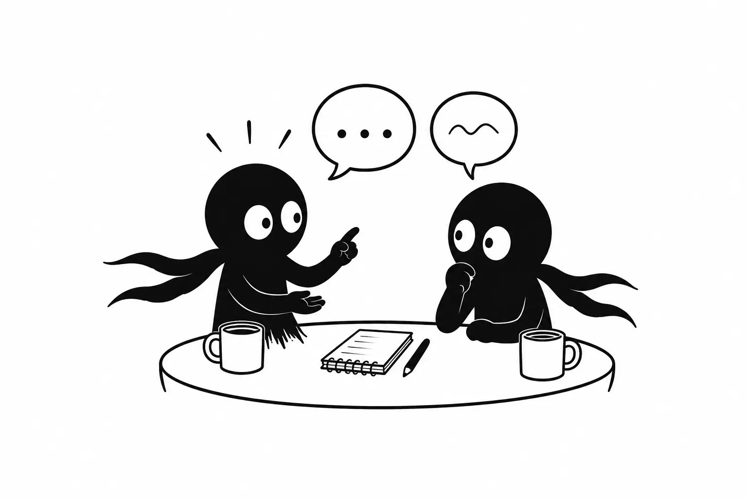 Kiro discute autour d’une table avec un autre personnage dans une illustration minimaliste noire et blanche sur fond blanc.