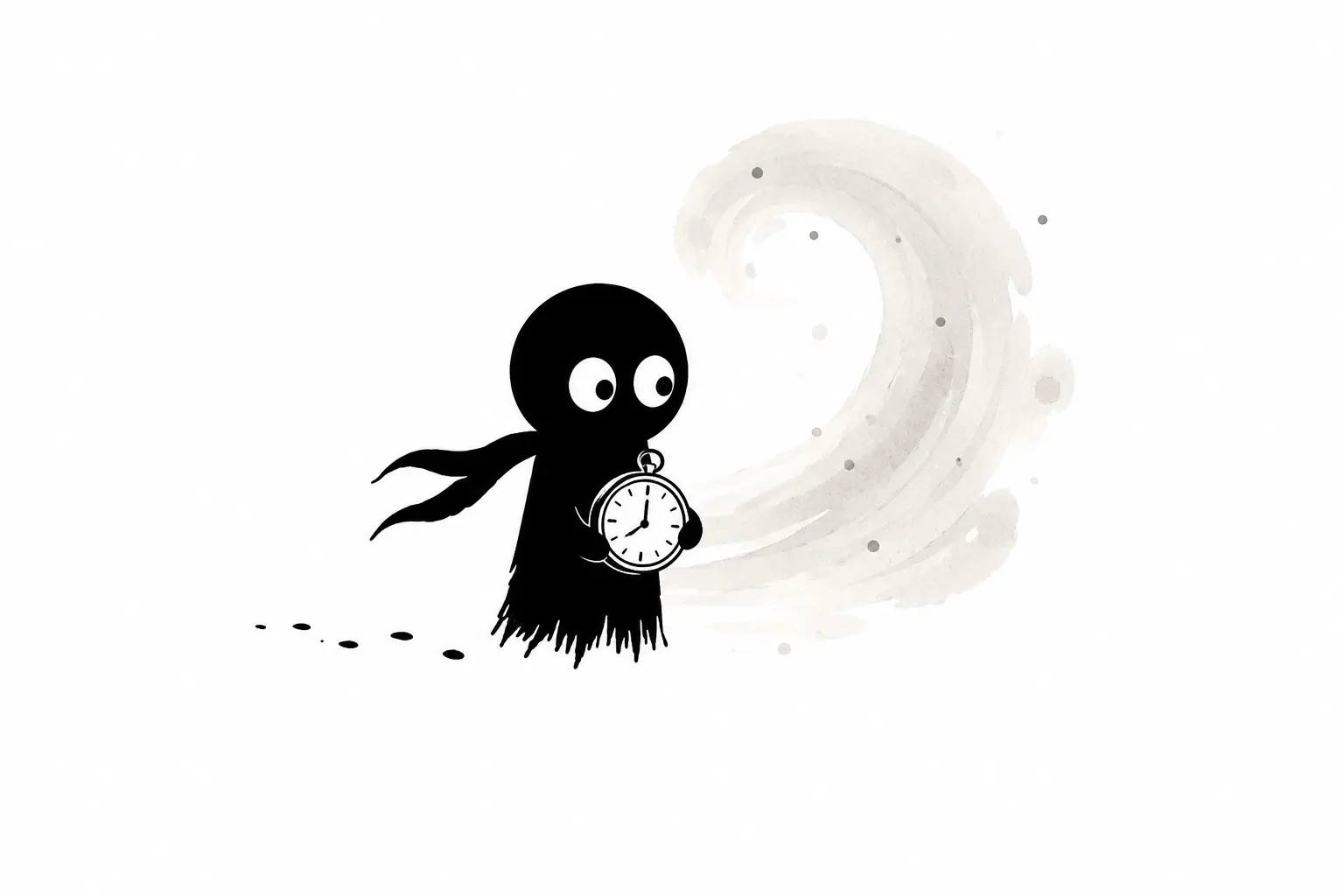Kiro observe le temps avec une montre ancienne dans une scène minimaliste en noir et blanc sur fond blanc