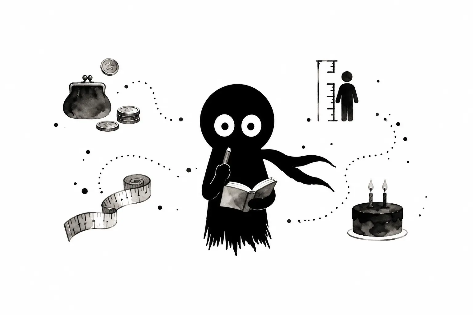 Kiro réfléchit aux mesures du quotidien entre argent, taille et âge dans une illustration minimaliste en noir et blanc