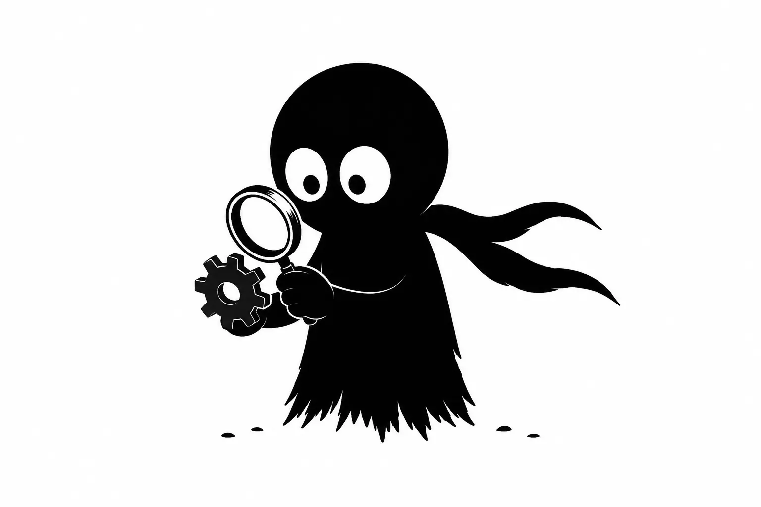 Kiro observe un engrenage avec une loupe dans une illustration minimaliste noir et blanc sur fond blanc