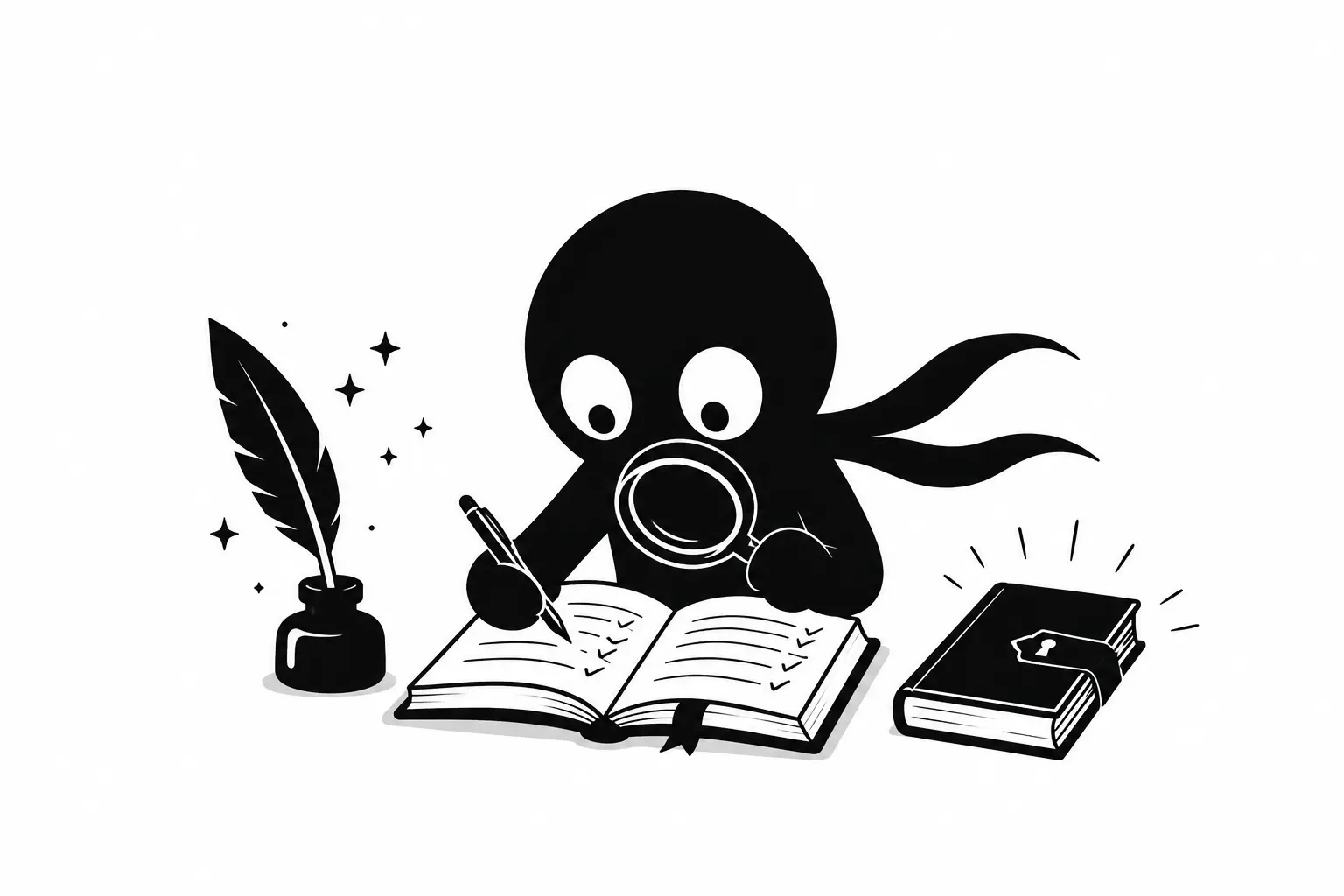 Kiro examine attentivement un manuscrit avec une loupe pour assurer la cohérence et la lisibilité du texte