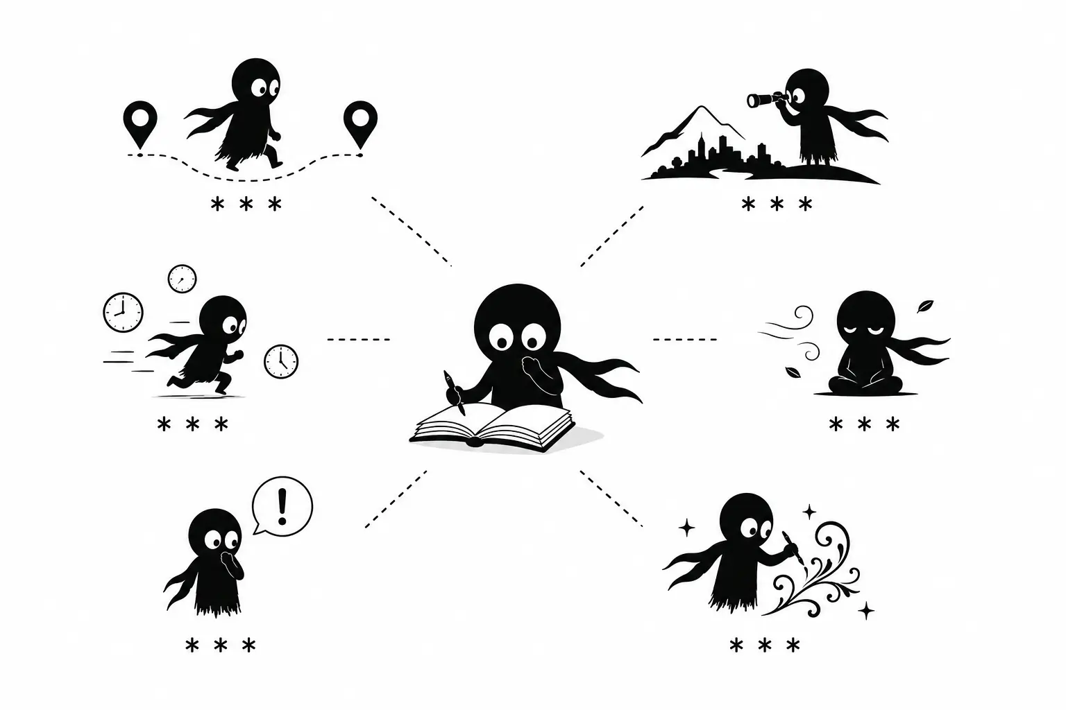 Kiro explore les fonctions narratives du dinkus à travers plusieurs scènes symboliques de transition et de rythme littéraire