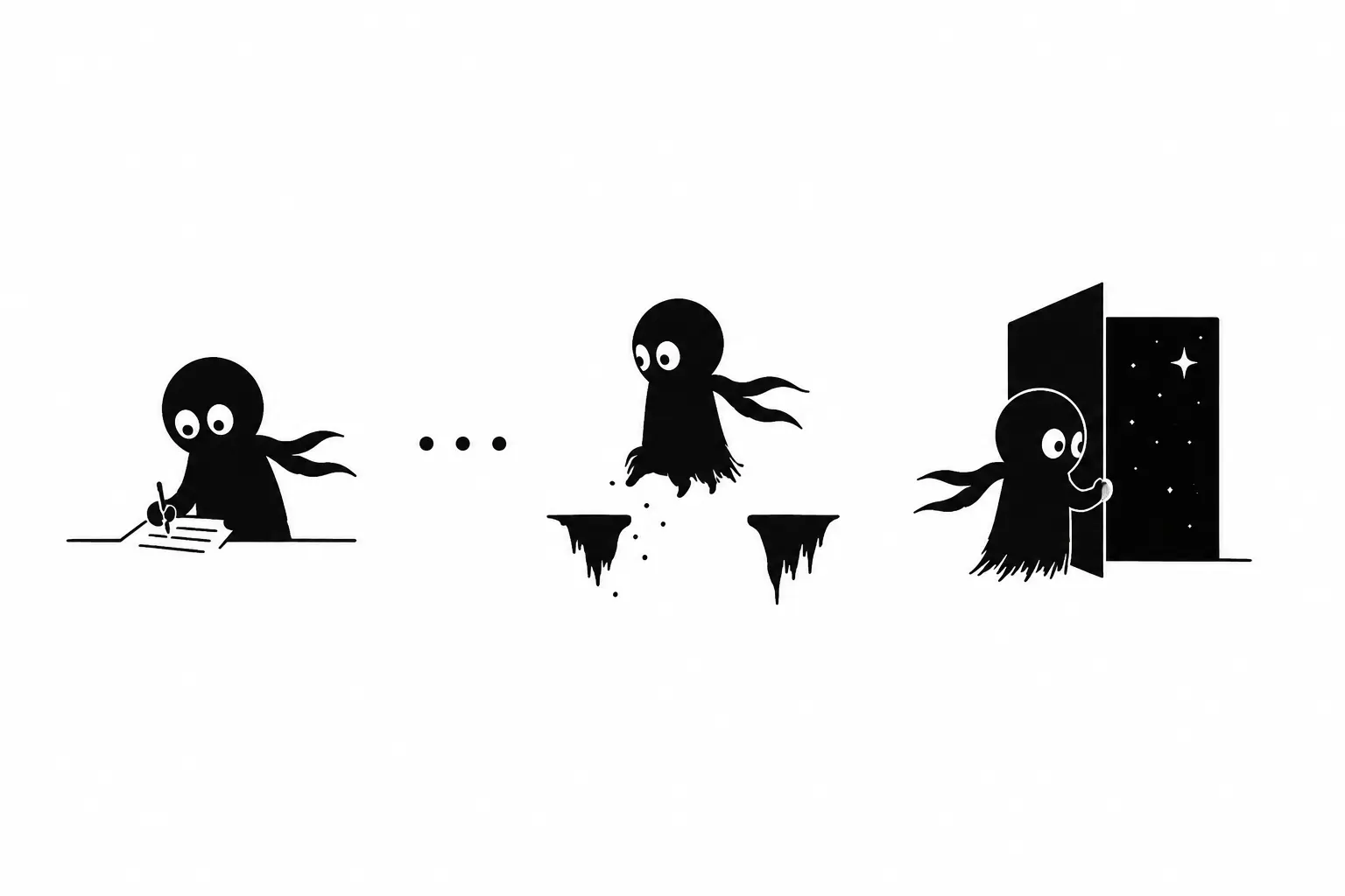 Kiro explore les différentes pauses narratives entre écriture, transition et nouveau chapitre dans une illustration minimaliste noir et blanc