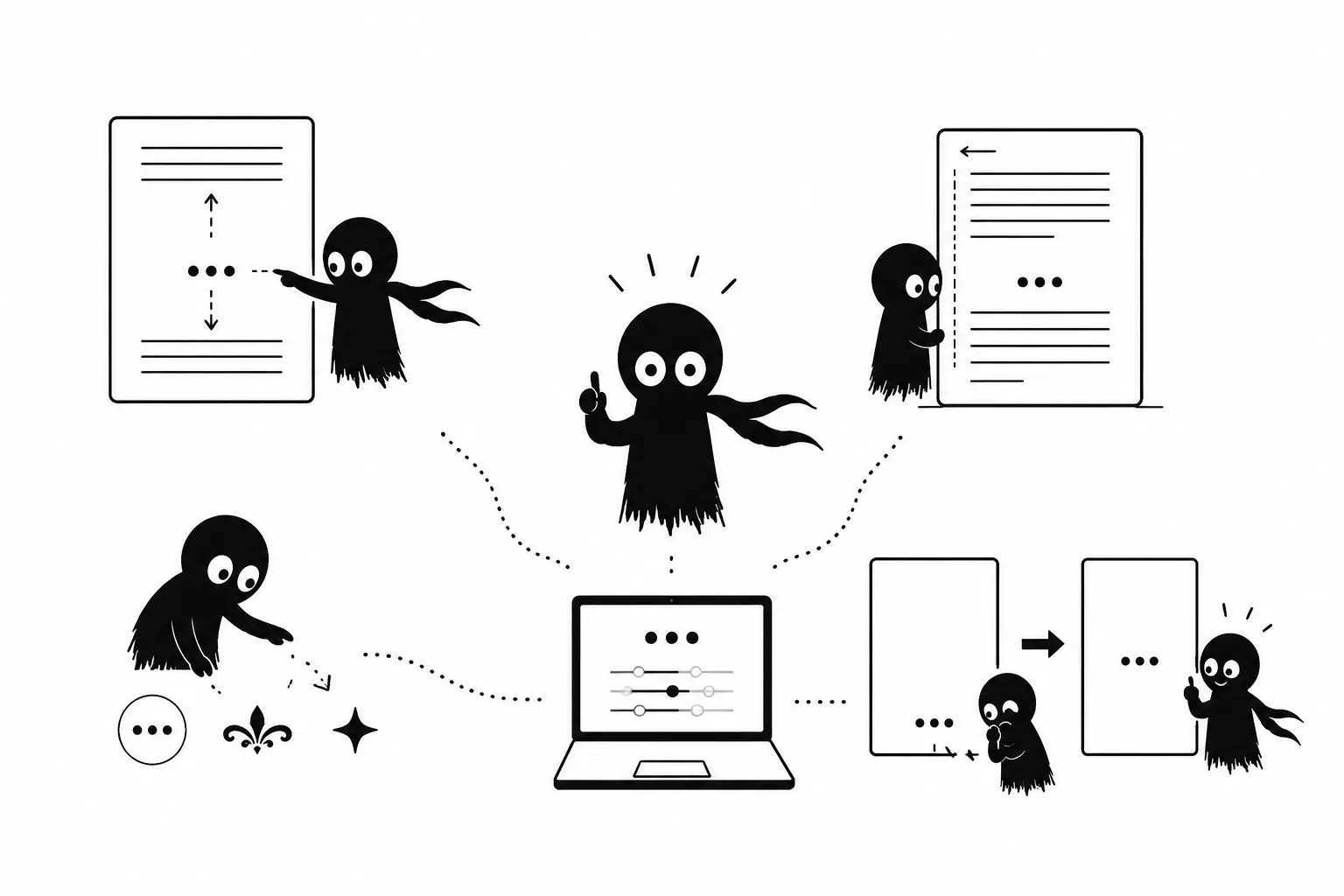 Kiro organise la mise en page d’un manuscrit avec des dinkus, des espaces typographiques et des transitions visuelles sur fond blanc minimaliste