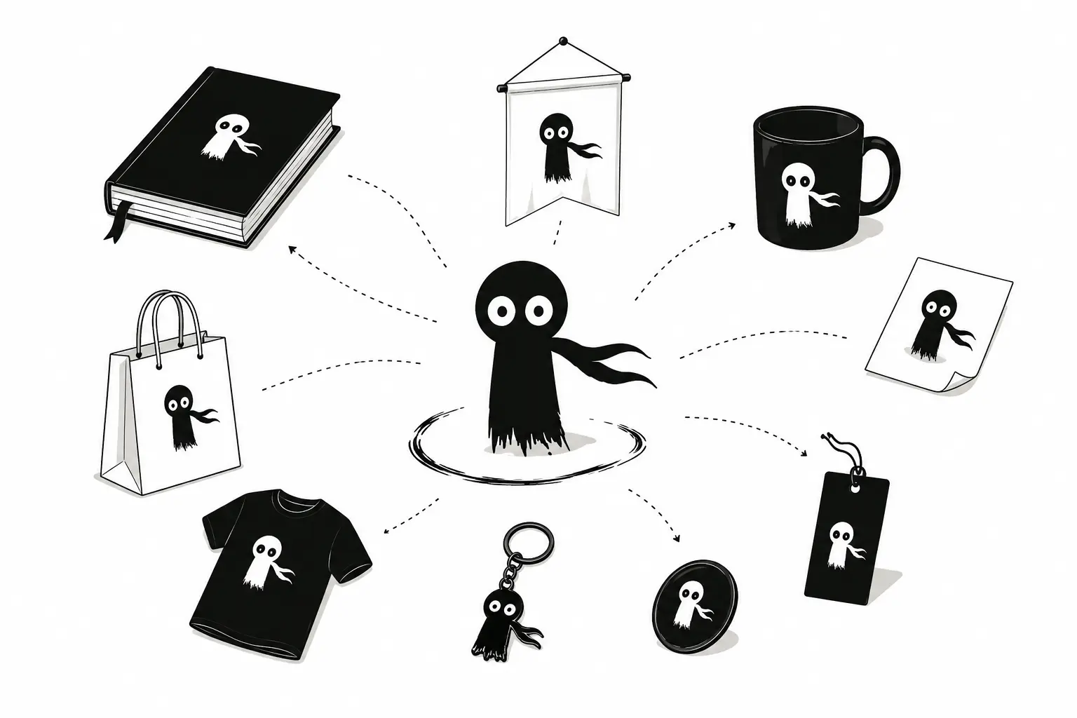 Kiro entouré de produits dérivés et d’objets de branding illustrant une identité visuelle minimaliste en noir et blanc