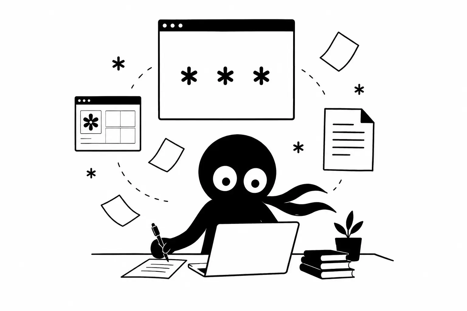 Kiro organise son manuscrit numérique avec des symboles de dinkus et des feuilles flottantes autour de son espace de travail