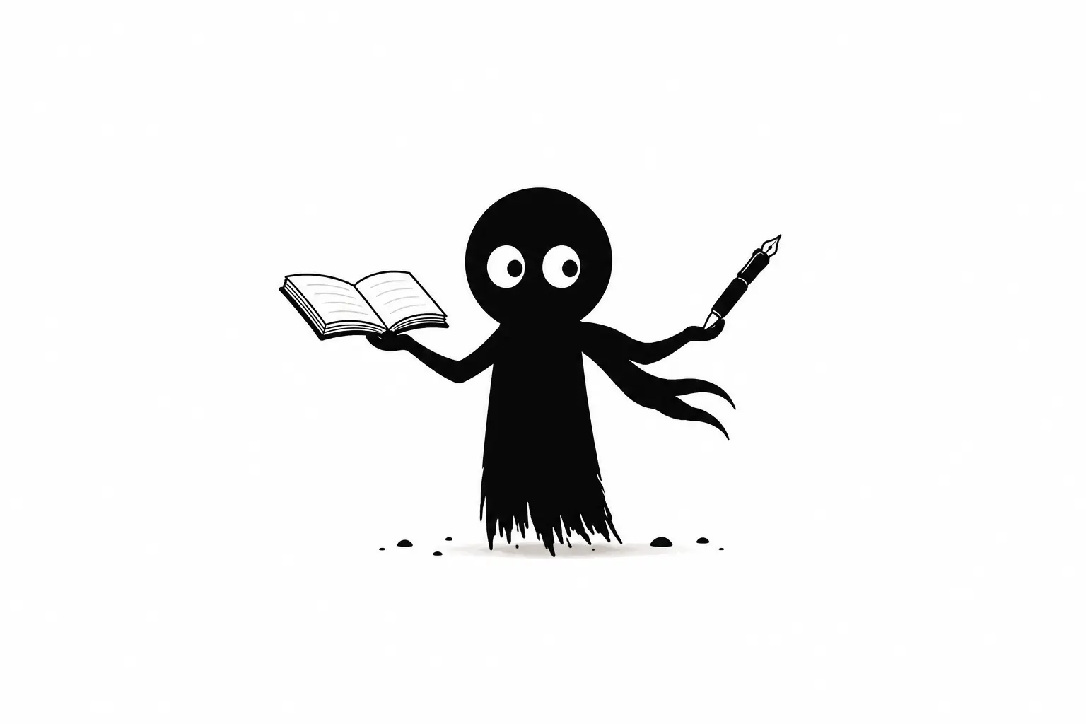 Kiro hésite entre un livre ouvert et une plume dans une illustration minimaliste en noir et blanc sur fond blanc