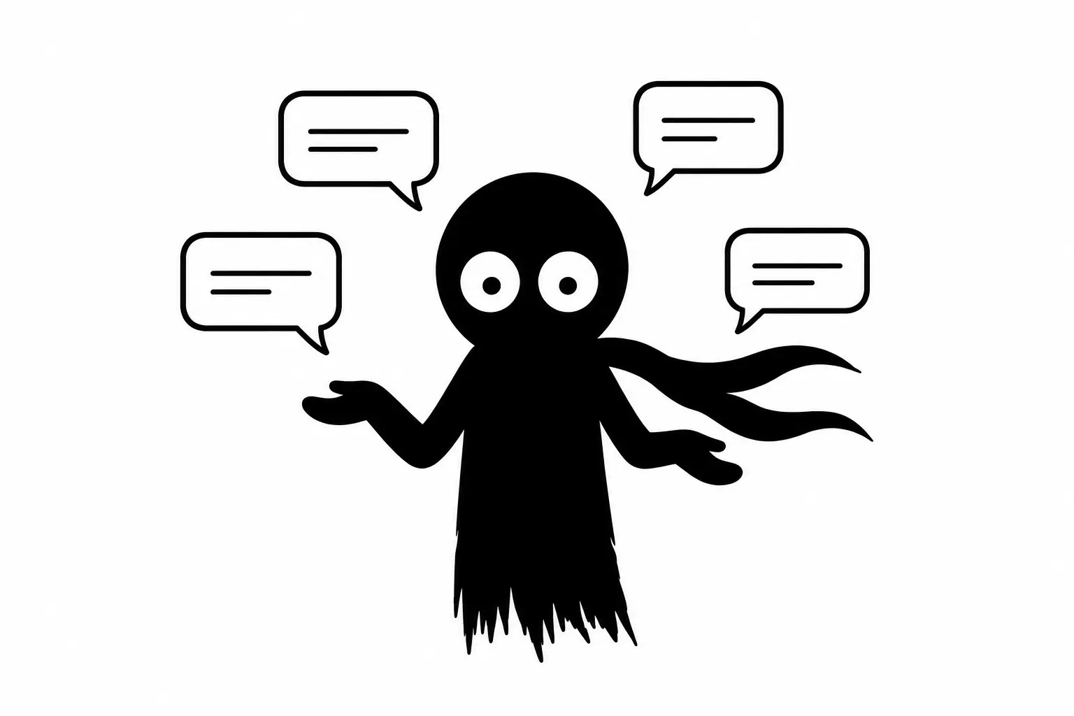 Kiro entouré de bulles de dialogue représentant les balises de dialogue et l’attribution des paroles dans un style minimaliste