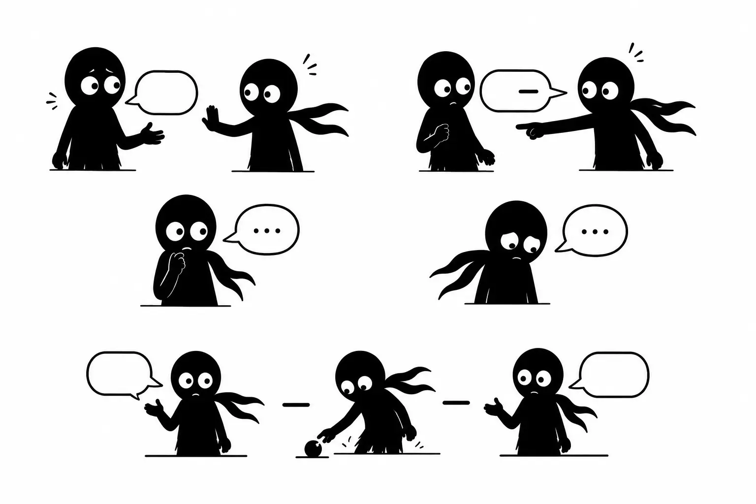 Kiro illustre les interruptions, les silences et les pauses dans un dialogue avec des gestes et bulles minimalistes