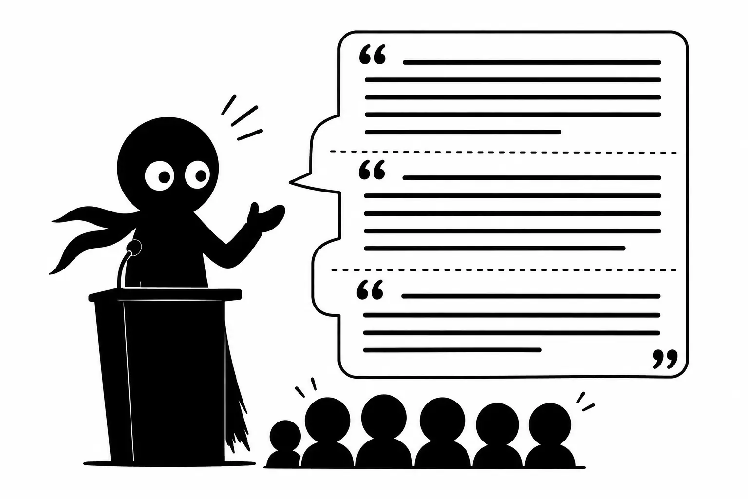 Kiro présente un long monologue structuré en plusieurs paragraphes avec des guillemets ouverts dans une illustration minimaliste