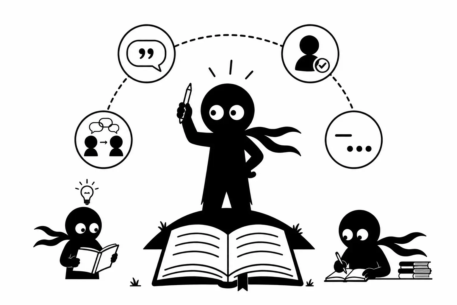 Kiro rassemble les règles essentielles du dialogue et de la ponctuation dans une illustration minimaliste en noir et blanc