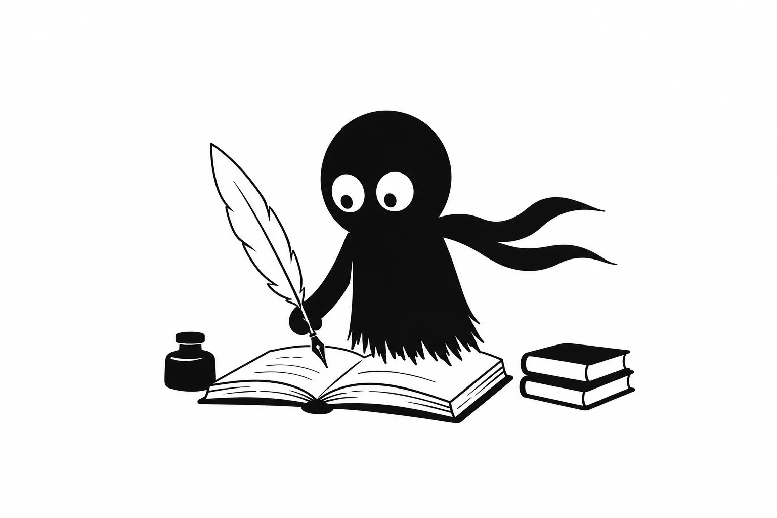 Kiro écrit à la plume sur un livre ouvert dans une illustration minimaliste noir et blanc sur fond blanc