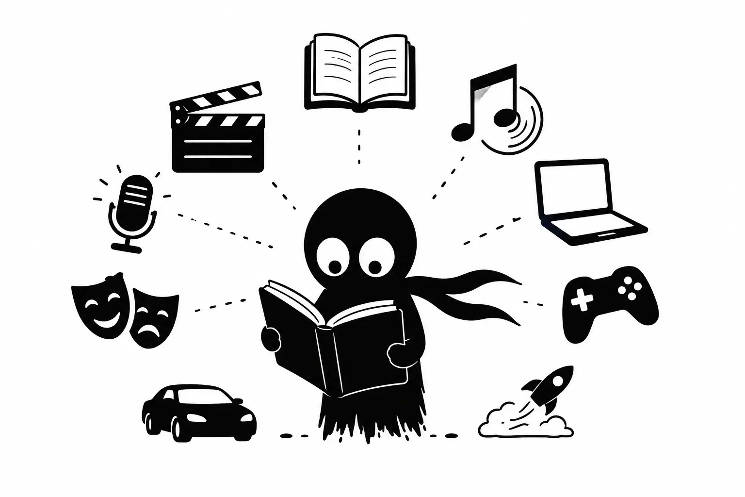 Kiro lit un livre entouré de symboles culturels comme le cinéma, la musique, le jeu vidéo et le podcast dans une illustration minimaliste noir et blanc