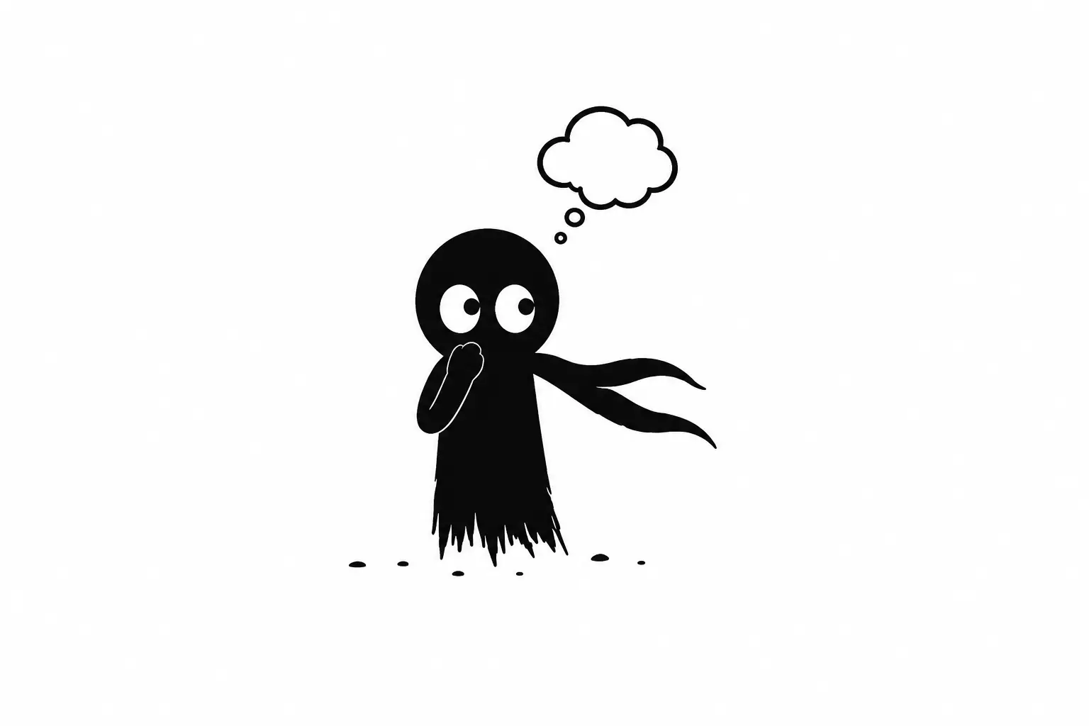 Kiro observe ses pensées intérieures dans un silence calme, illustrant le dialogue intérieur et la réflexion mentale sur fond blanc