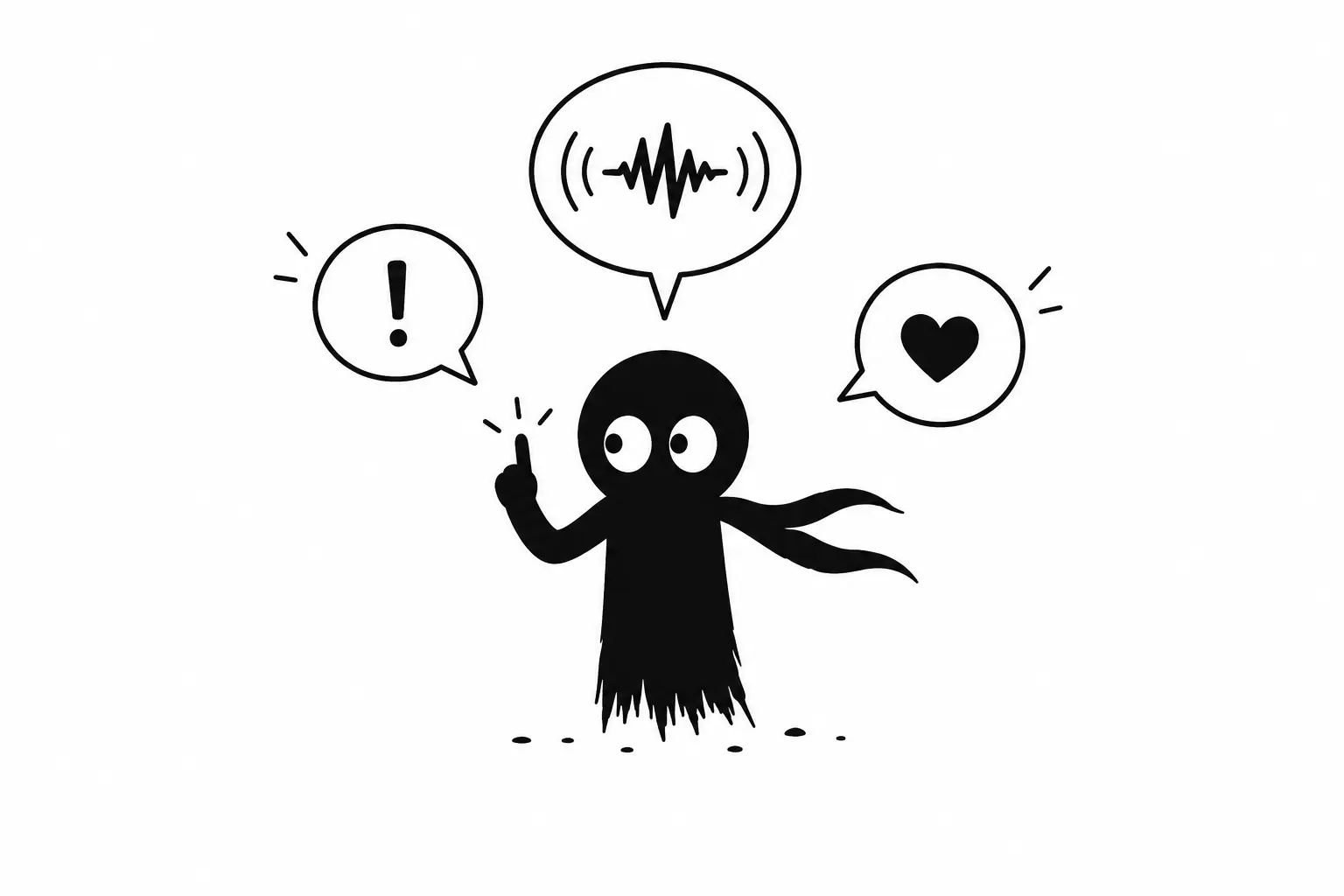 Kiro exprime l’emphase et les émotions dans un dialogue avec des bulles symbolisant la voix et l’intonation sur fond blanc