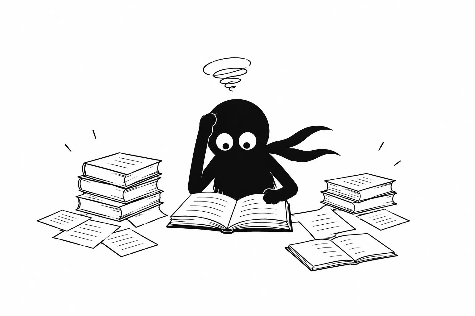Kiro submergé par des livres et documents ressent la fatigue visuelle liée à une lecture excessive sur fond blanc minimaliste