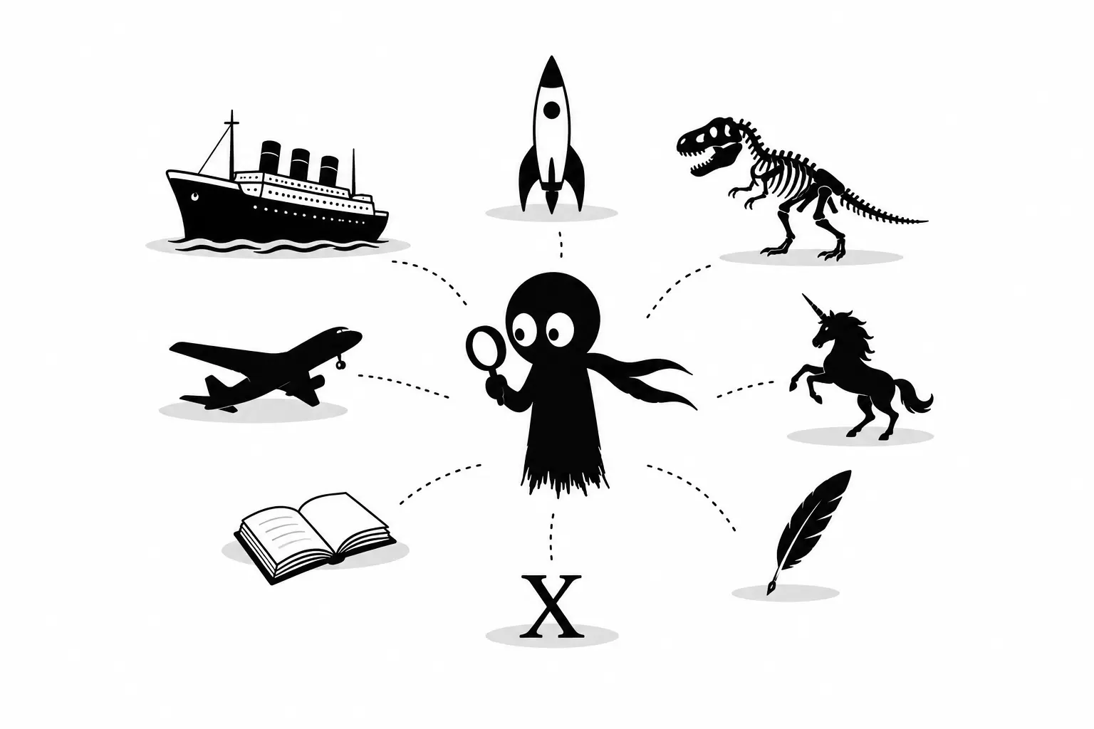 Kiro explore les noms scientifiques, les navires et les objets techniques dans une illustration minimaliste sur fond blanc