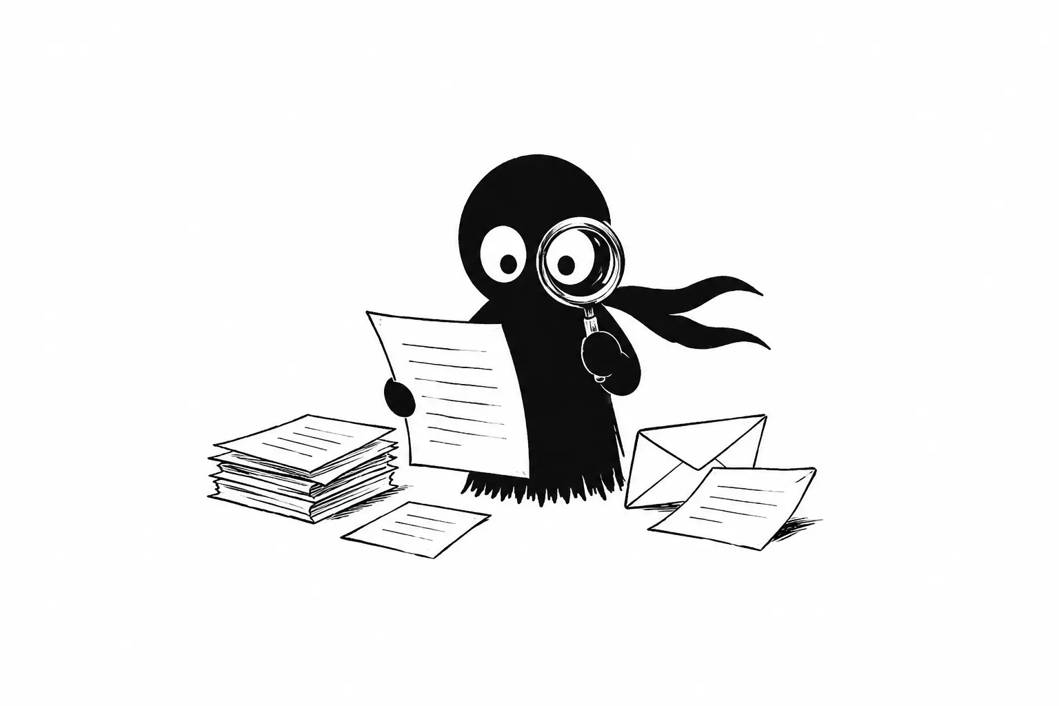Kiro analyse des lettres et documents avec une loupe au milieu de feuilles et d’enveloppes sur fond blanc minimaliste