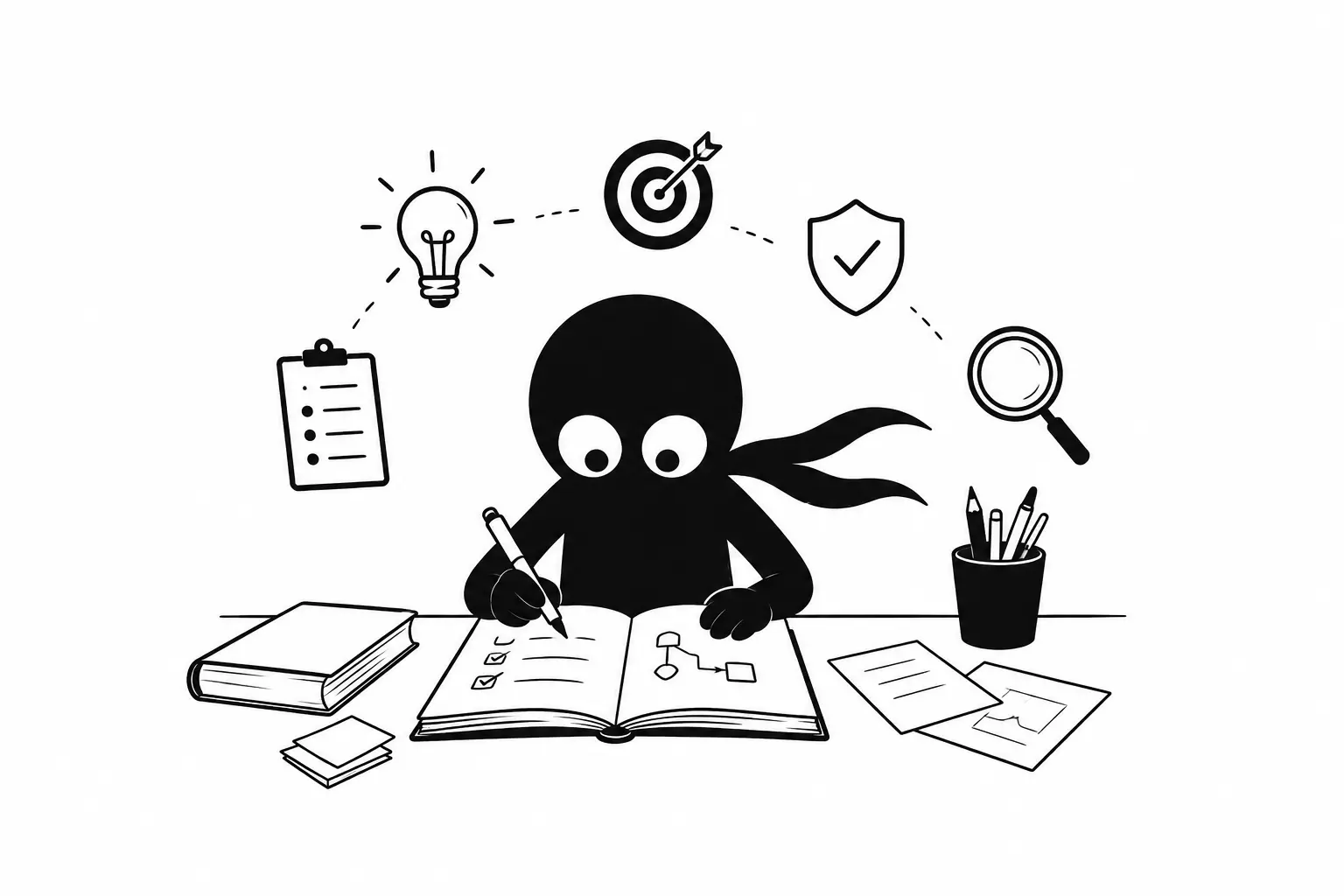 Kiro construit sa propre charte graphique en organisant idées, notes et outils d’écriture dans une illustration minimaliste