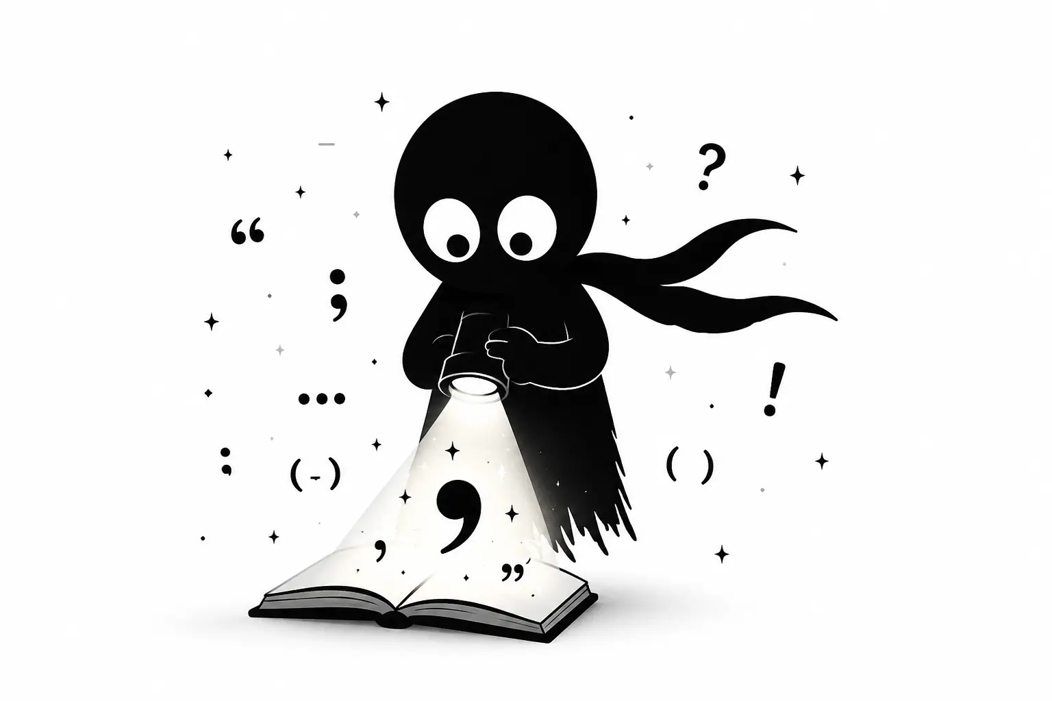 Kiro éclaire des signes de ponctuation au-dessus d’un livre ouvert