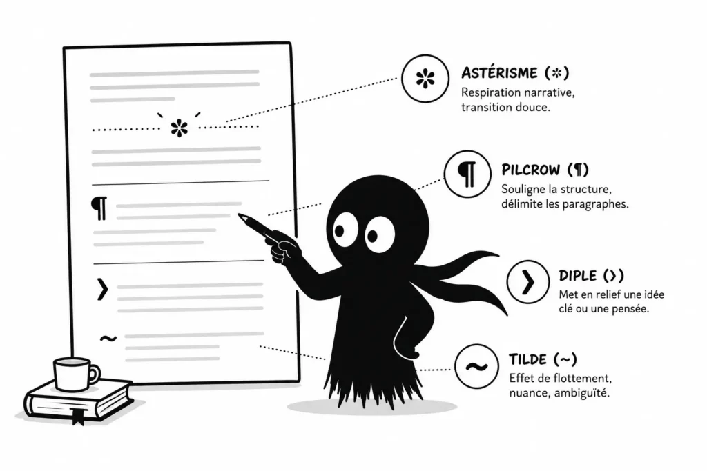 Kiro présente des signes de ponctuation structurant le rythme et la respiration du texte