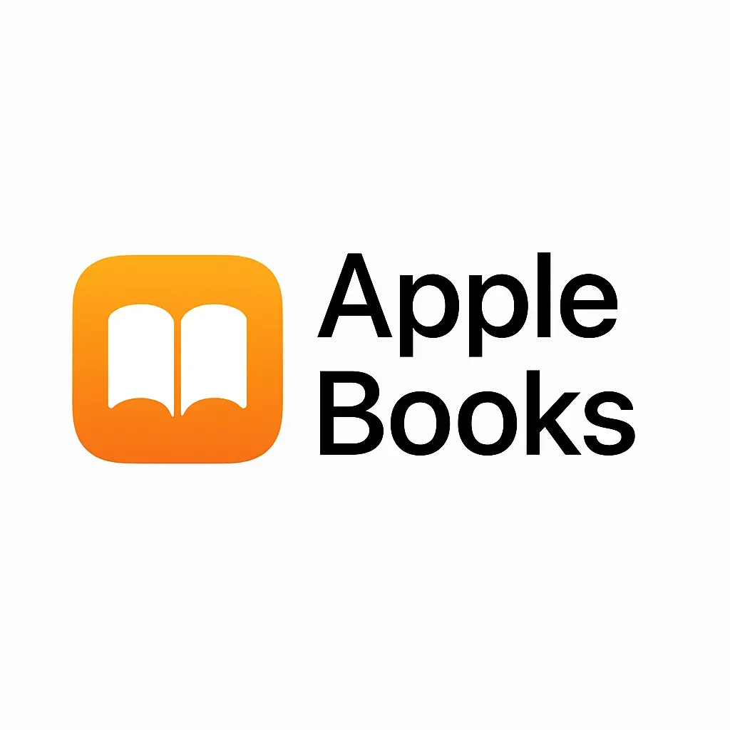 Logo officiel d’Apple Books avec une icône orange en forme de livre ouvert et le texte “Apple Books” en noir.