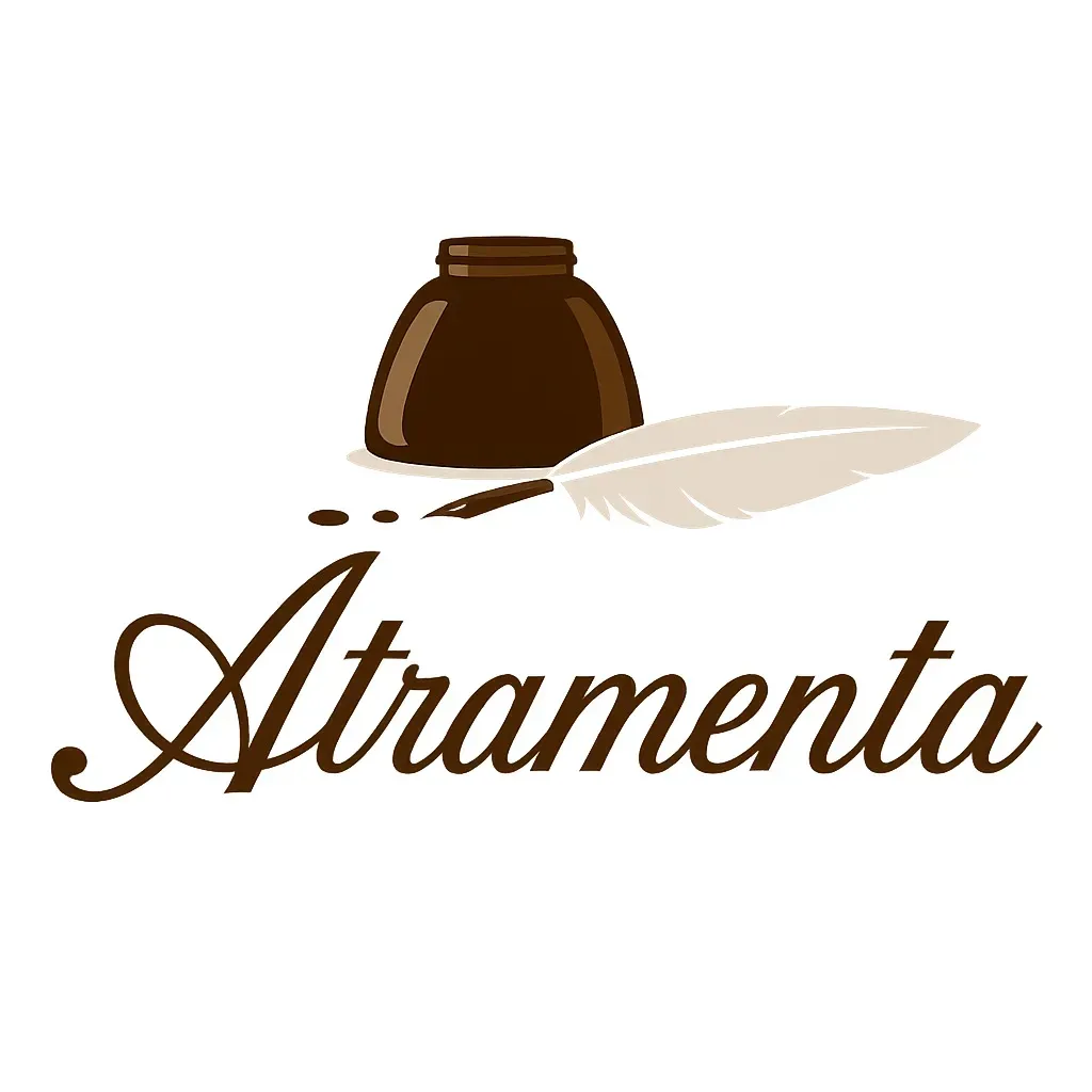 Logo officiel d’Atramenta avec un encrier marron, une plume blanche et le nom “Atramenta” en calligraphie marron sur fond blanc.