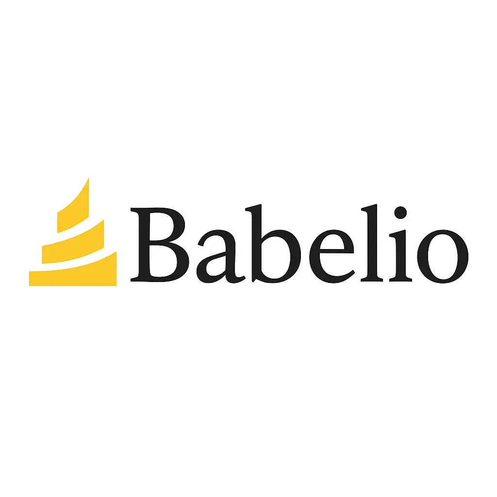 Logo officiel de Babelio avec symbole jaune stylisé et texte noir “Babelio”.