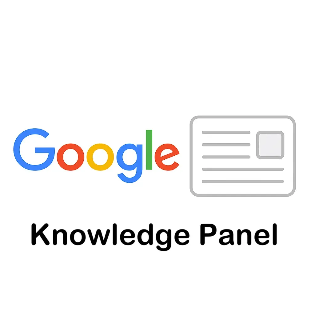 Logo Google Knowledge Panel avec le mot “Google” en couleurs et une icône grise représentant une fiche d’information.