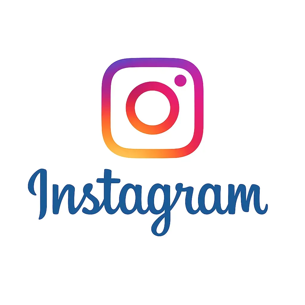 Logo officiel d’Instagram avec l’icône appareil photo en dégradé de couleurs chaudes et froides au-dessus du mot “Instagram” en script bleu, sur fond blanc.