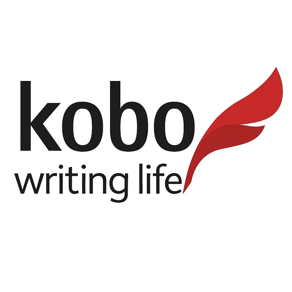 Logo officiel de Kobo Writing Life avec texte noir “kobo writing life” et plume stylisée rouge à deux courbes.