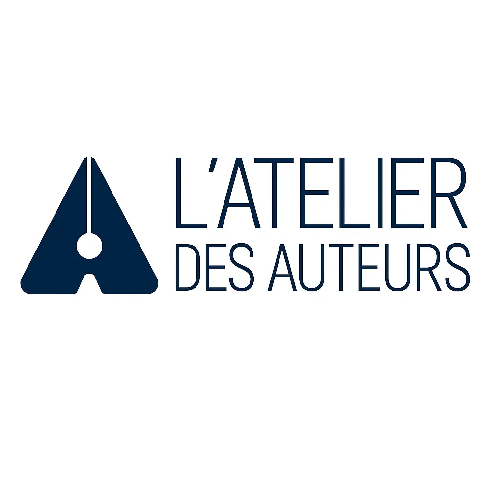 Logo officiel de L’Atelier des Auteurs avec un “A” stylisé en forme de plume et le texte “L’ATELIER DES AUTEURS” en lettres capitales bleu marine.