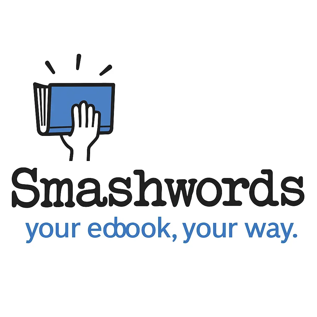 Logo officiel de Smashwords avec main blanche tenant un livre bleu et texte “Smashwords – your ebook, your way” en noir et bleu.