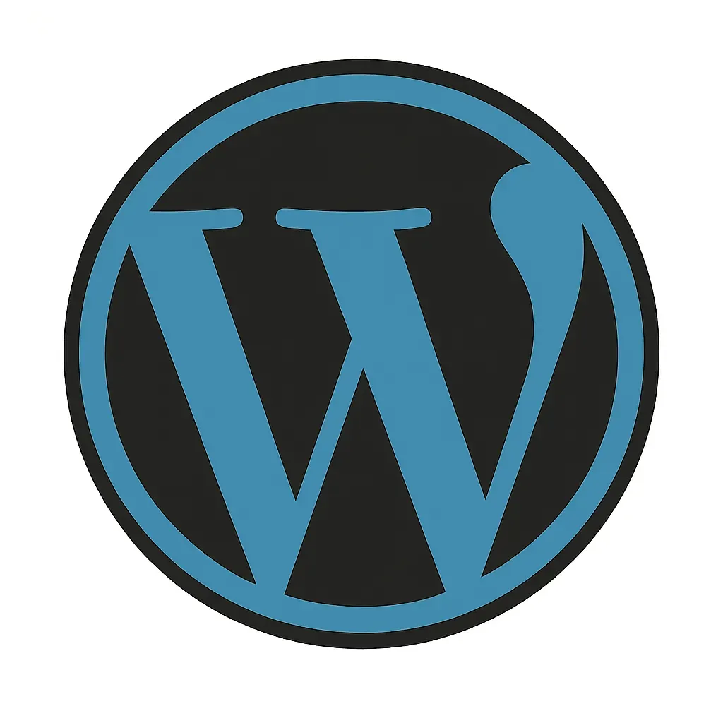 Logo officiel de WordPress avec un “W” stylisé noir et bleu dans un cercle sur fond blanc.