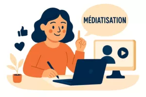 Illustration d’une jeune femme qui se fait connaître sur Internet, assise à un bureau avec un ordinateur portable et une bulle contenant le mot « MÉDIATISATION ».