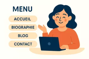 Illustration du menu principal du site web d’une jeune femme, affichant les rubriques Accueil, Biographie, Blog et Contact.